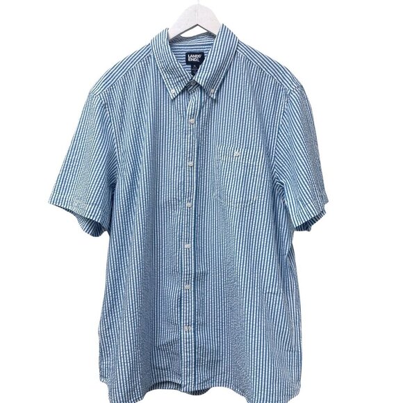 LANDS END Mens Seersucker Shirt XL Short Sleeve Cotton Blue Stripe Preppy Casual - Picture 1 of 9